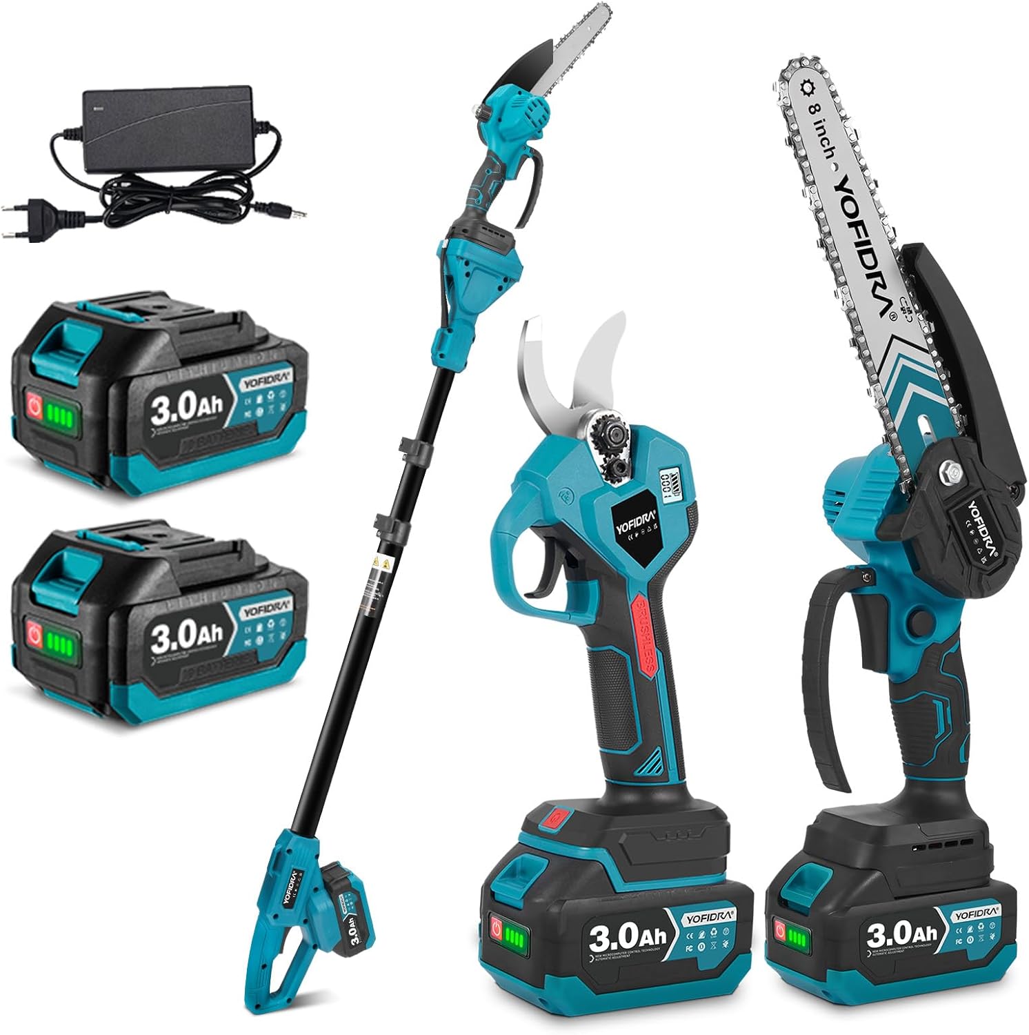 Yofidra 8 Zoll Elektrische Kettensäge mit Teleskopstange & 30mm Elektrische Astschere, Hochentaster Akku mit 2x3000mAh Akkus, 4-in-1 Gartenwerkzeug Set mit akku und ladegerät, Max. Reichweite bis 4,2m