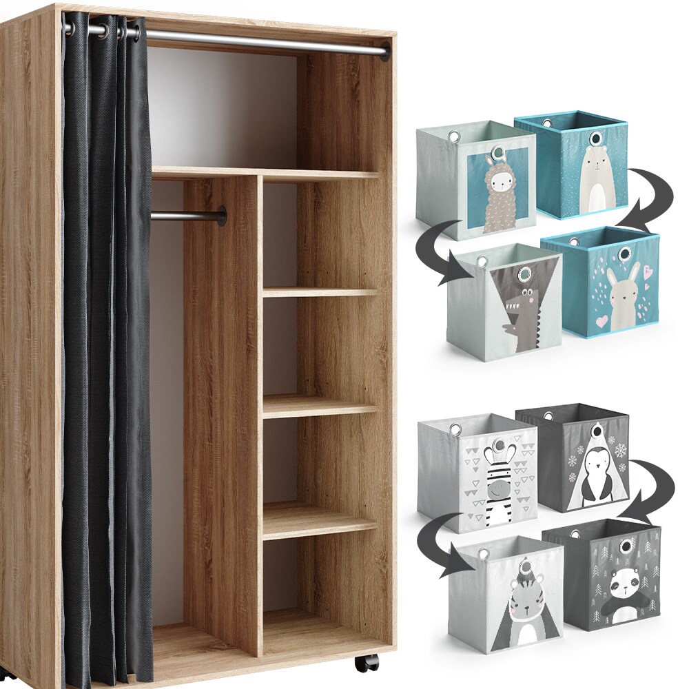 Vicco mobiler Kinderkleiderschrank Dielenschrank Garderobe Doros Sonoma modern 100 x 168 cm Faltboxen offen rollbar