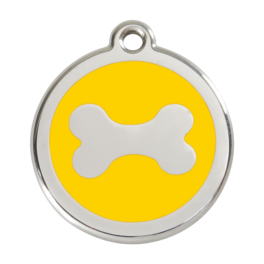 Placa de identificação para cães em aço inoxidável esmaltado com formato de osso amarelo