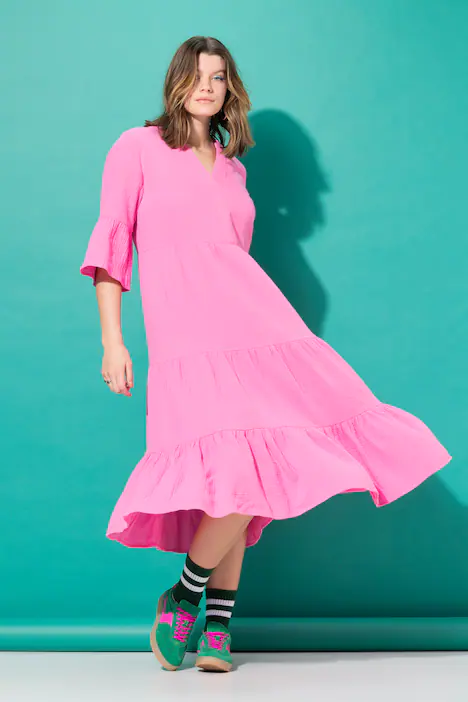 Maxikleid, A-Line, Musselin, Stehkragen, Volants, 3/4-Ärmel, hellpink