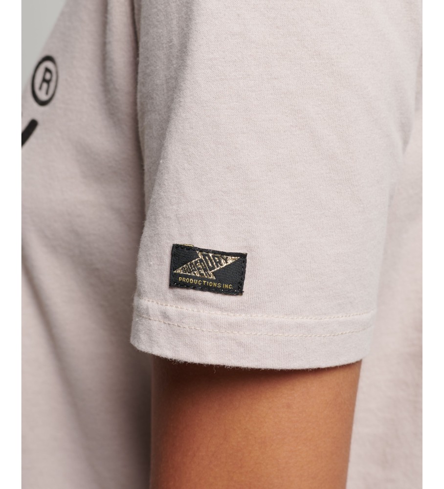 Camiseta Superdry bege com logo vintage e detalhes.