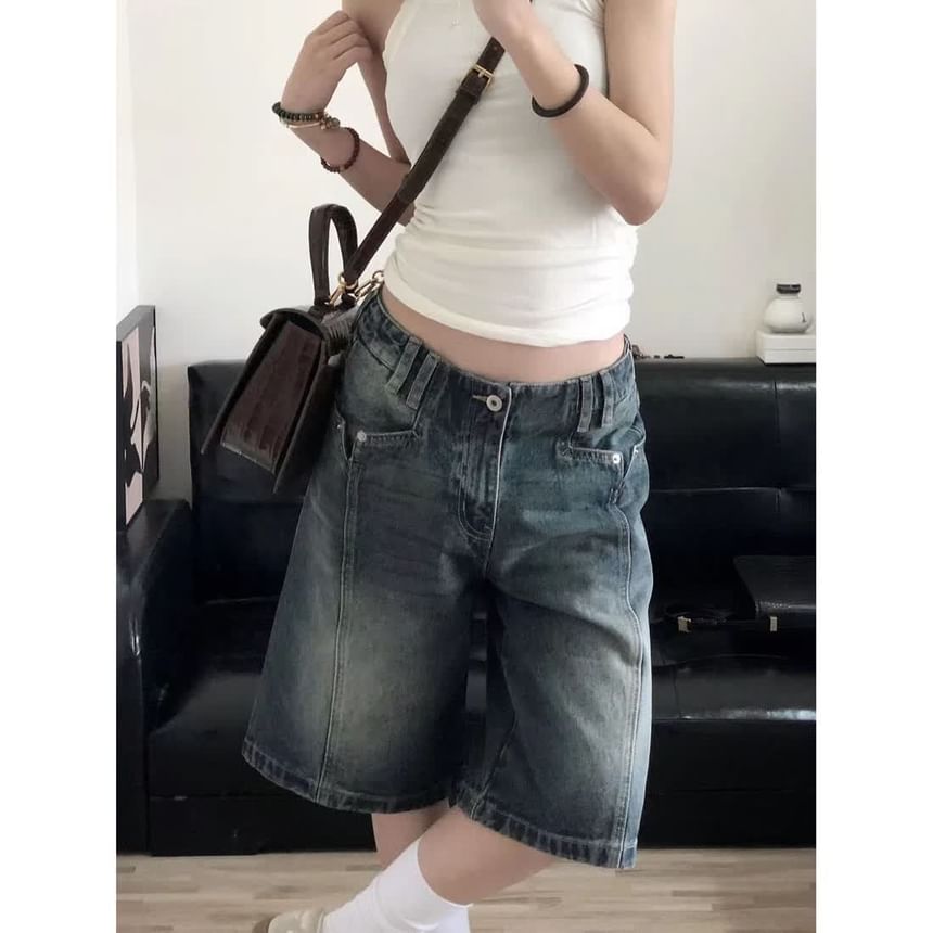 Jerolenea - Low Rise Washed Wide Leg Denim Jorts