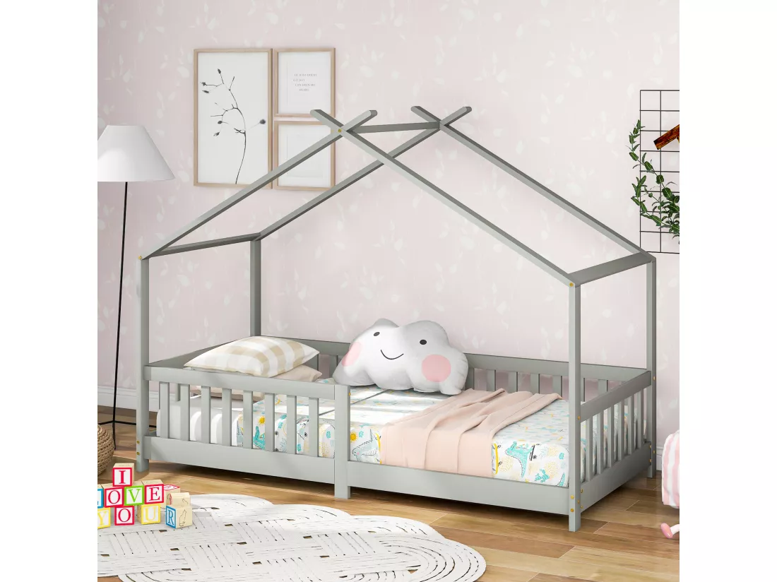 Lit cabane lit enfant 90x200cm en bois massif avec protection antichute et sommier à lattes - Gris