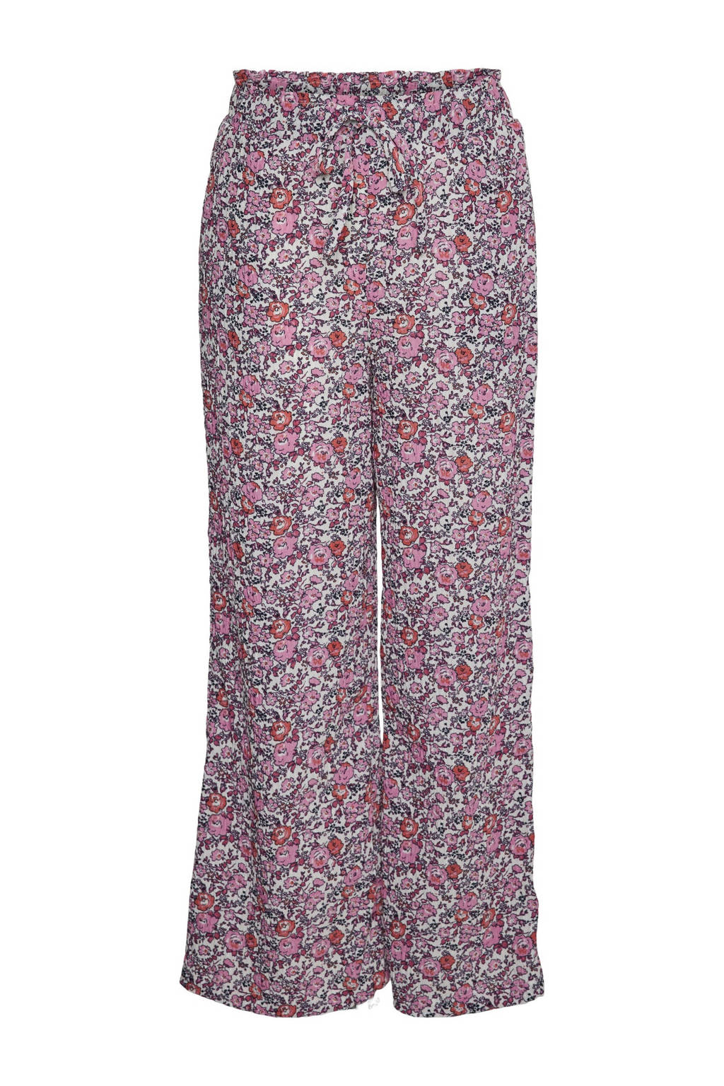 VERO MODA GIRL gebloemde wide leg broek VMTARA roze/oranje/wit