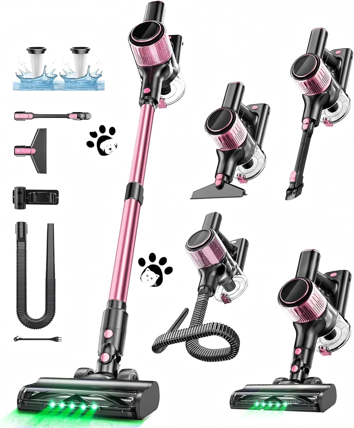 Akku Staubsauger, 45KPA/500W/45Mins Staubsauger Kabellos mit LED Display, Ausziehbarer Schlauch, Anti Tangle Bürste, 5-stufiges Filtersystem Grünes Licht für Hartböden Teppiche Tierhaare, Rosa