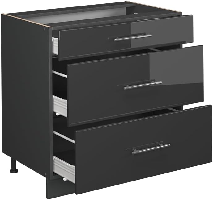 Vicco Küchenunterschrank Fame-Line, Anthrazit Hochglanz, 80 cm mit 3 Schubladen, ohne Arbeitsplatte