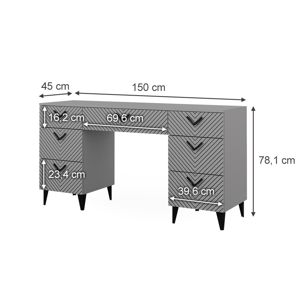 Vicco Schminktisch Anett Grau, 150 x 78 cm, Frisiertisch, 7 Schubladen, Siebdruck