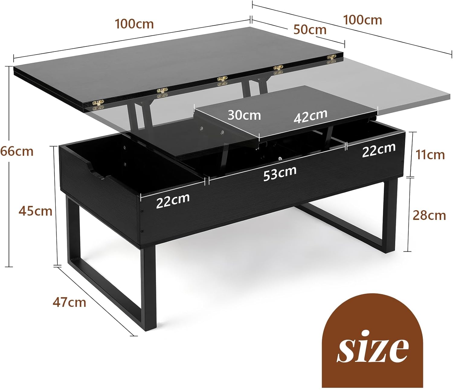 VOWNER Couchtisch Höhenverstellbar, 3-in-1-Multifunktions-Wohnzimmertisch mit Versteckter Aufbewahrung, Couchtisch Umwandelbar in Wohnzimmer-Esstisch, Schwarz mit Holzmaserung