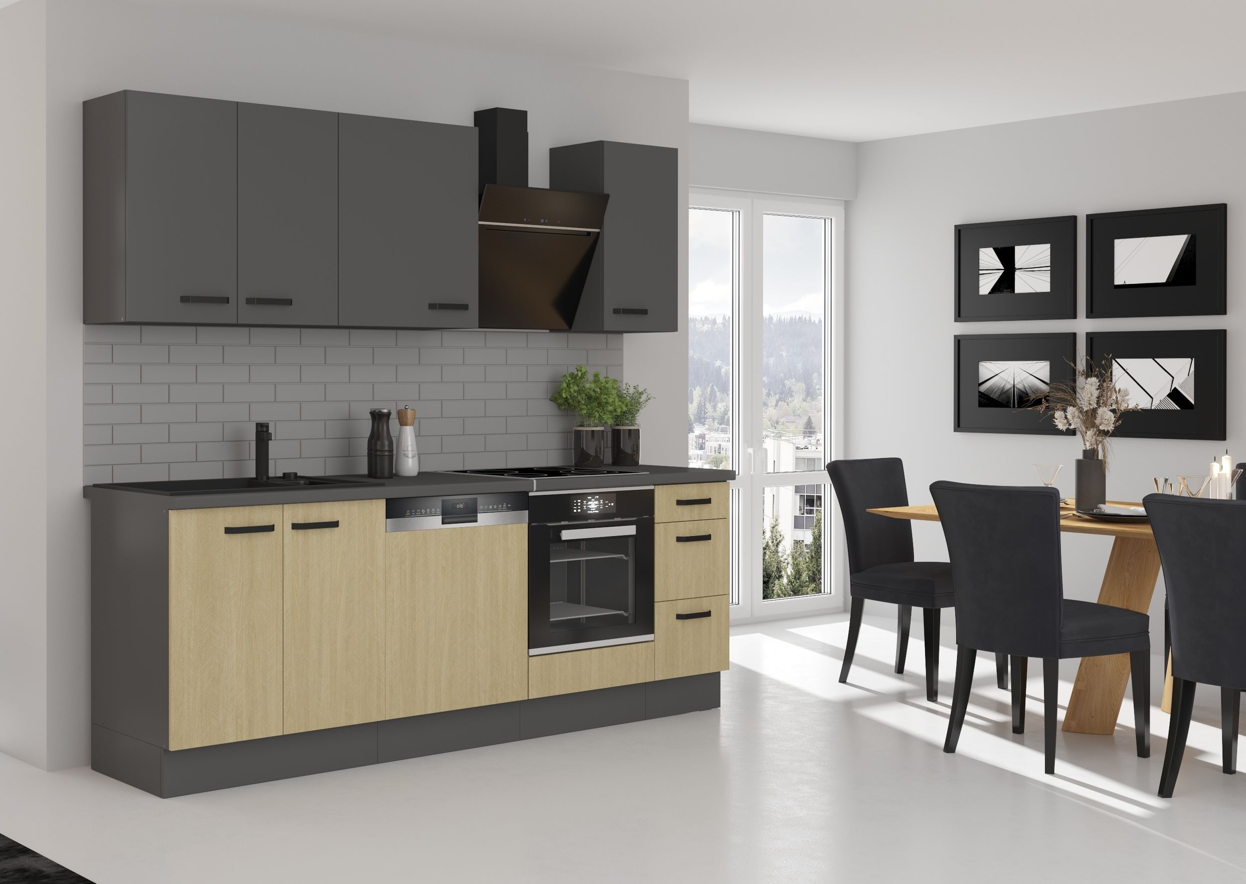 Küche SCANDI + NESSA Basic 240 cm Fischgrät Optik Grau Küchenzeile Küchenblock