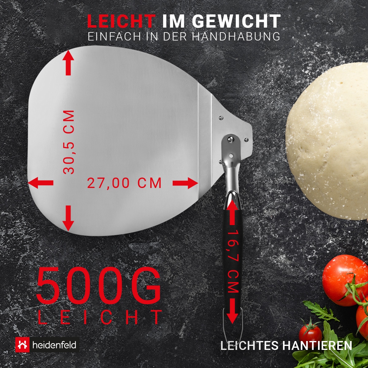 Heidenfeld Pizzaschieber Pompeji, klappbar, Aluminium + Gummi, Pizzaschaufel mit TPR-Griff