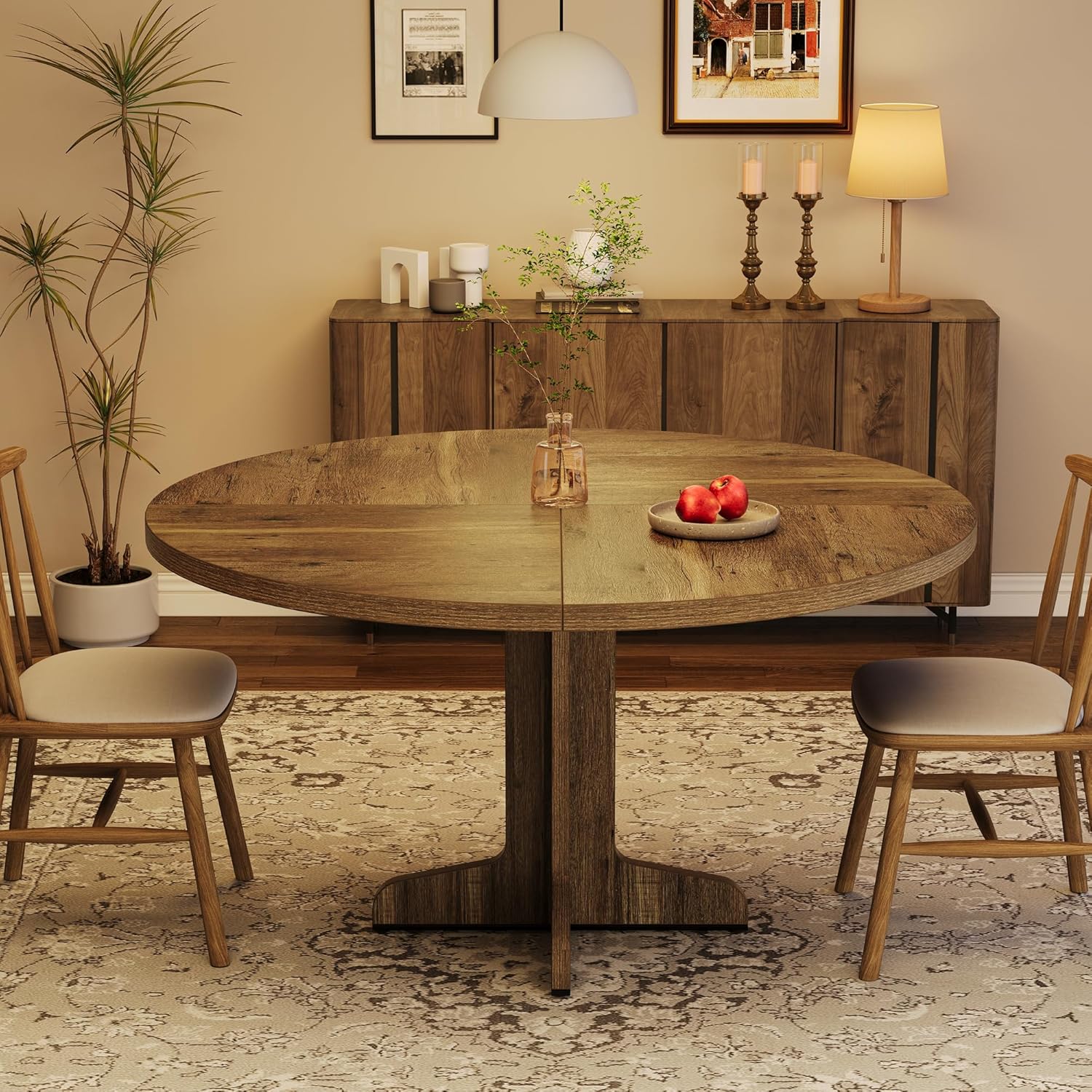 Runder Esszimmertisch für 4–6 Personen, 120cm Tisch mit Holzsockel, Dunkle Eiche, Moderne runde Esstische für Küche, Esszimmer und Wohnzimmer (Nur Tisch)