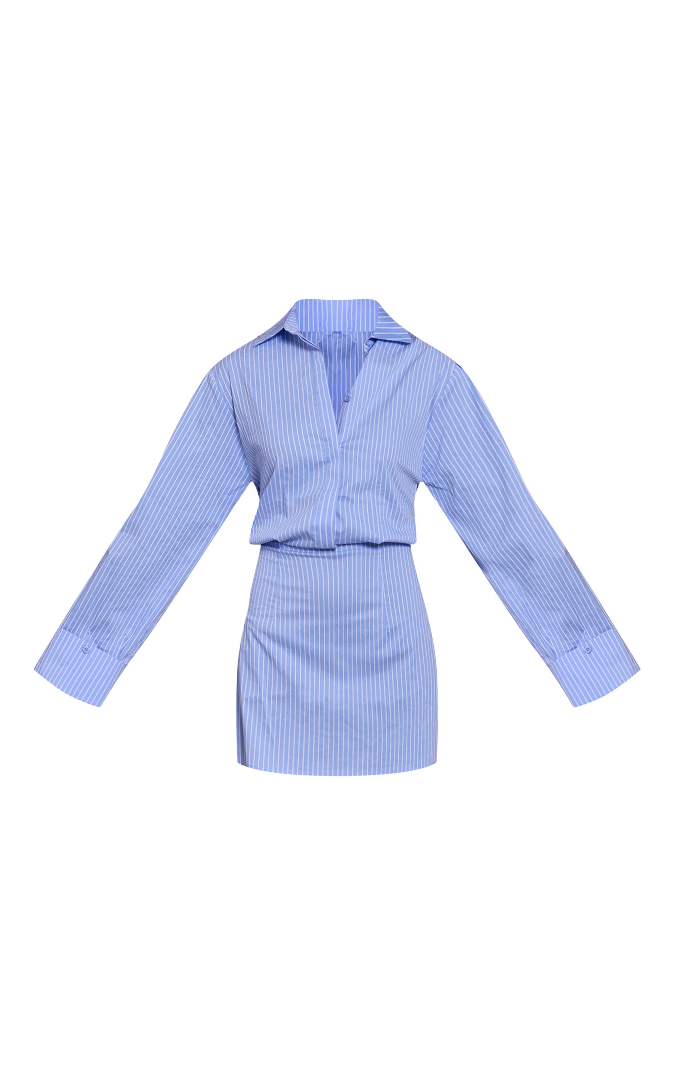 Bleu Robe Chemise Cintrée À Fines Rayures Boutonnée