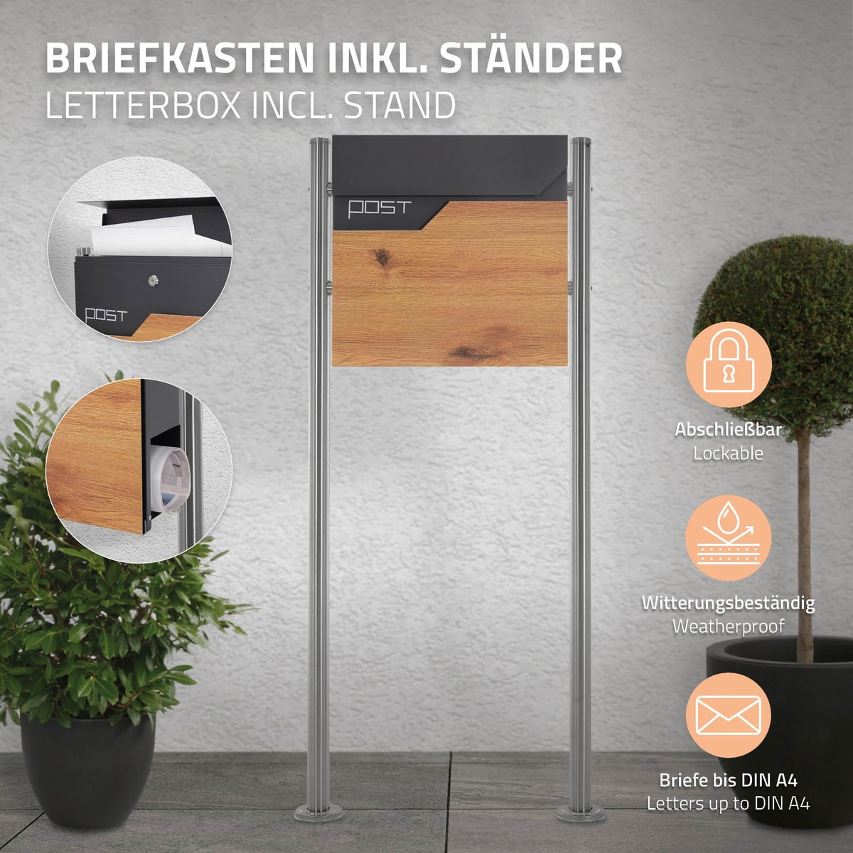 ECD Germany vrijstaande brievenbus met krantenvak, design brievenbus met post, brievenbussysteem, brievenbusstandaard zilver 120 cm roestvrij staal, brievenbus antraciet houtlook gepoedercoat roestvrij staal