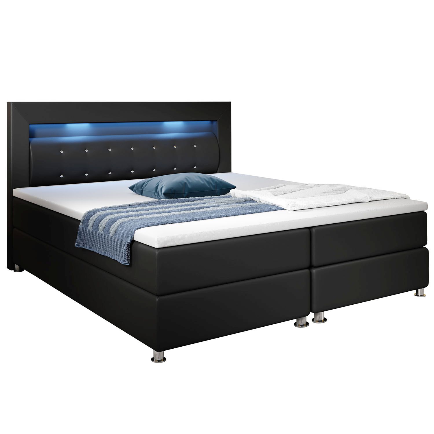 Juskys Boxspringbett Montana 140 x 200 cm schwarz aus Kunstleder mit Federkern Matratze