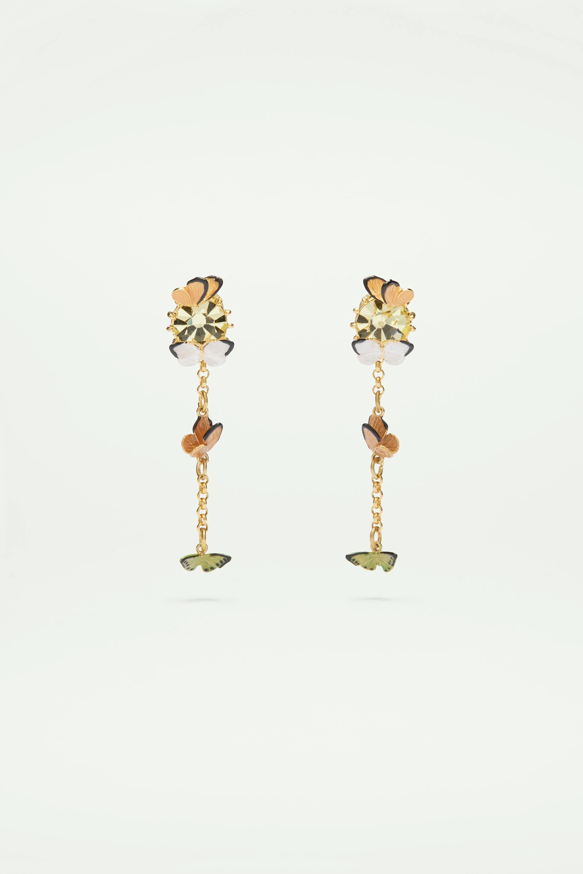 Boucles d'oreilles tiges pendantes papillons émaillés et pierre en verre taillé | Multicolore