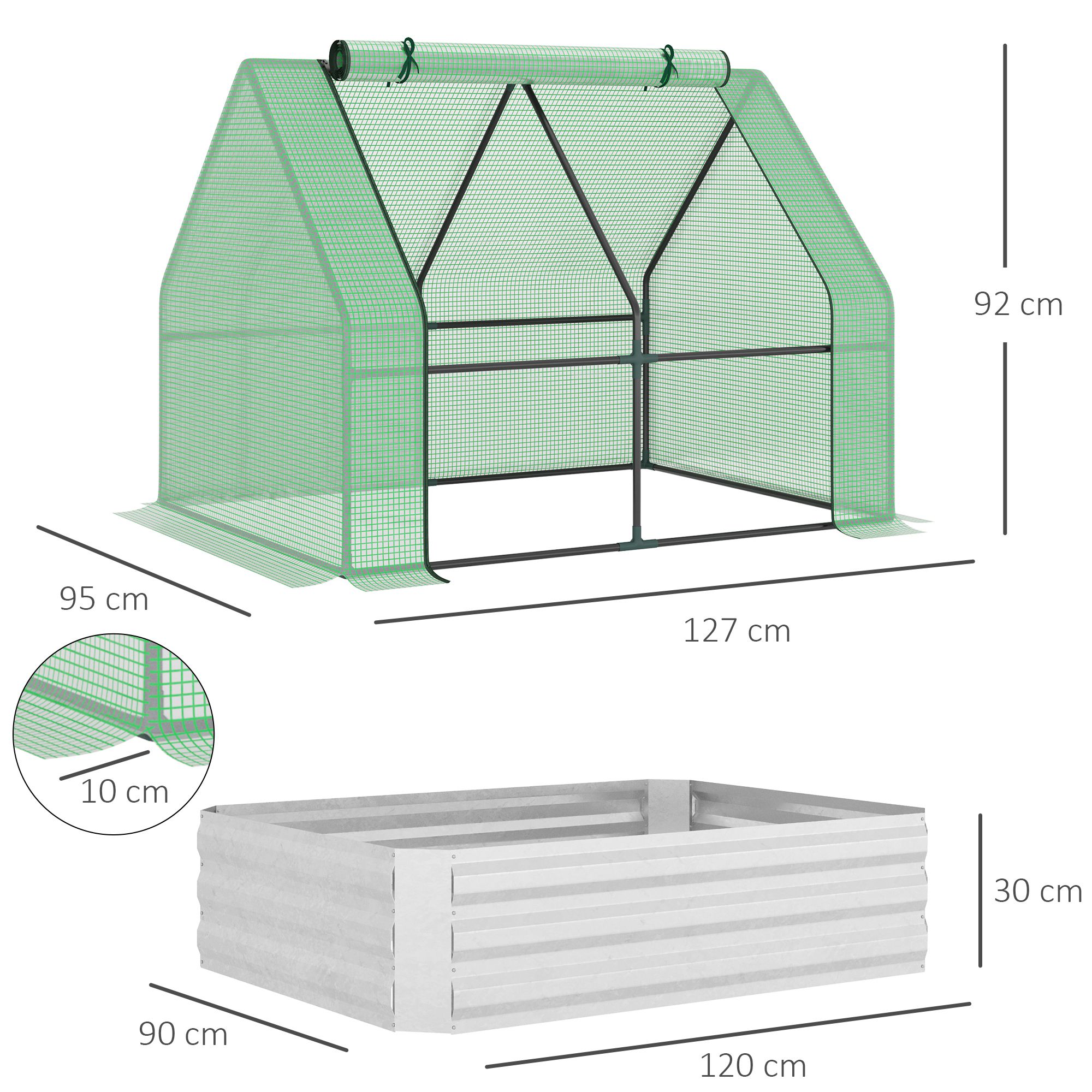 Jardim urbano Outsunny com estufa, 127x95x92 cm, tipo galpão, com canteiro interno de aço, janela de enrolar e cobertura de PE de 140 g/m² para cultivo de plantas e flores, verde.