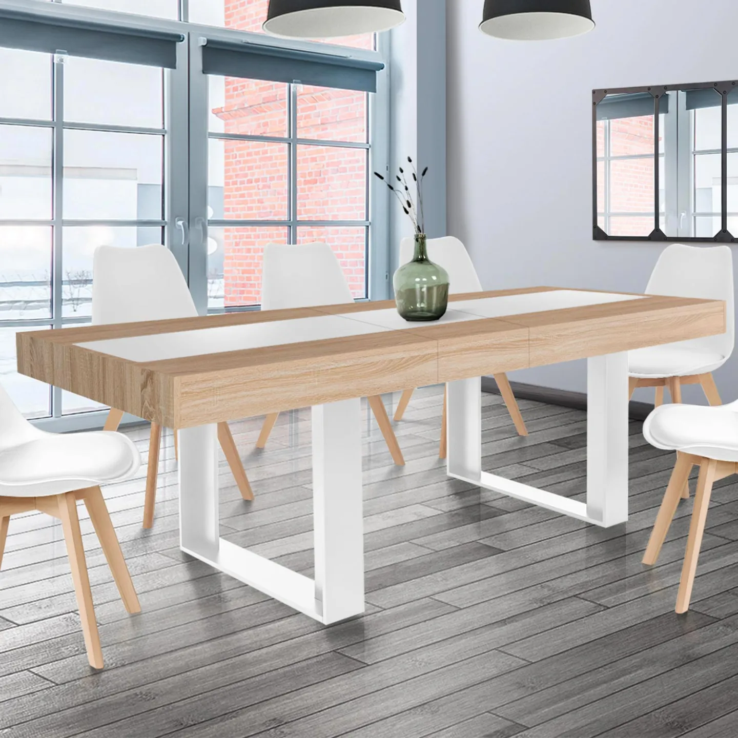 Table à manger extensible rectangle PHOENIX 4-8 personnes bois et blanc bande centrale blanche 160-200 cm