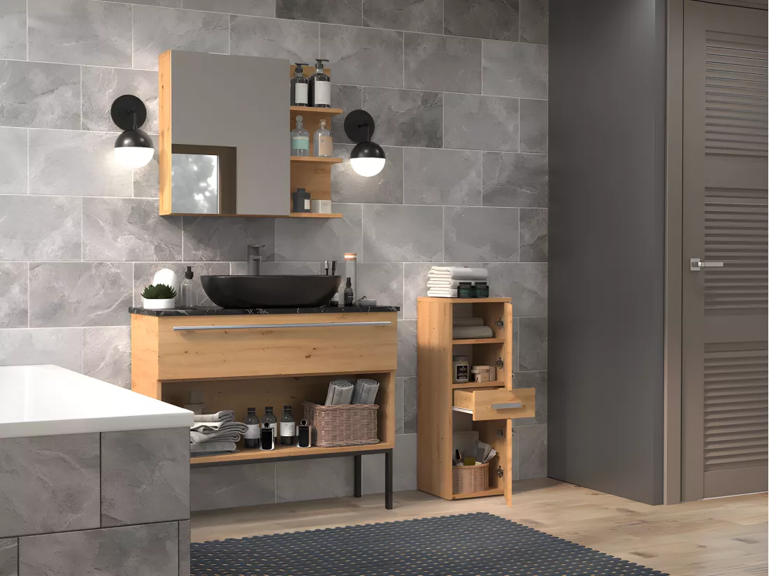 NINA - Meuble salle de bain 2 portes + 1 tiroir - 30x30x85cm - Colonne basse rangement SDB