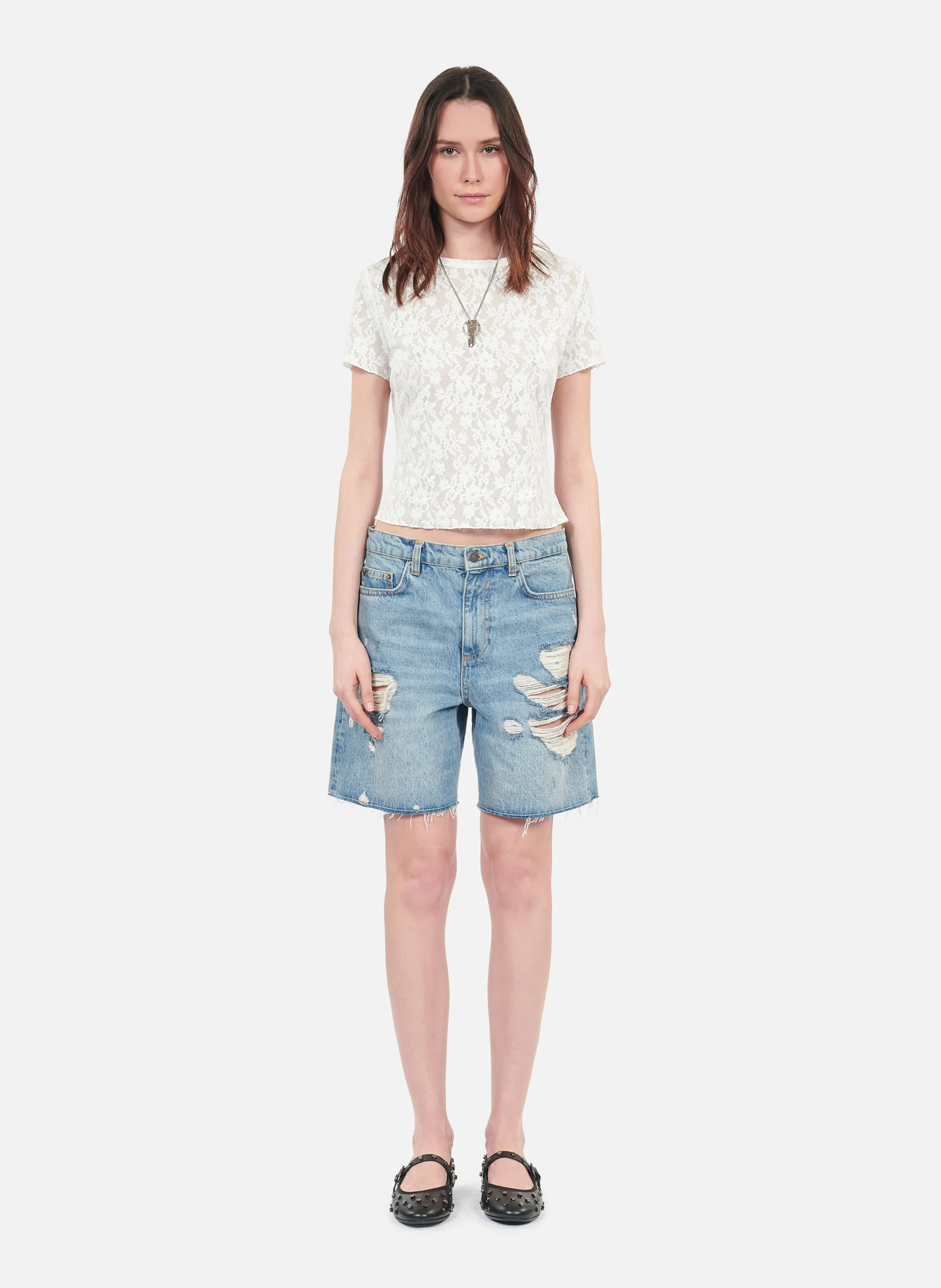 Top col rond ajusté en dentelle | Blanc