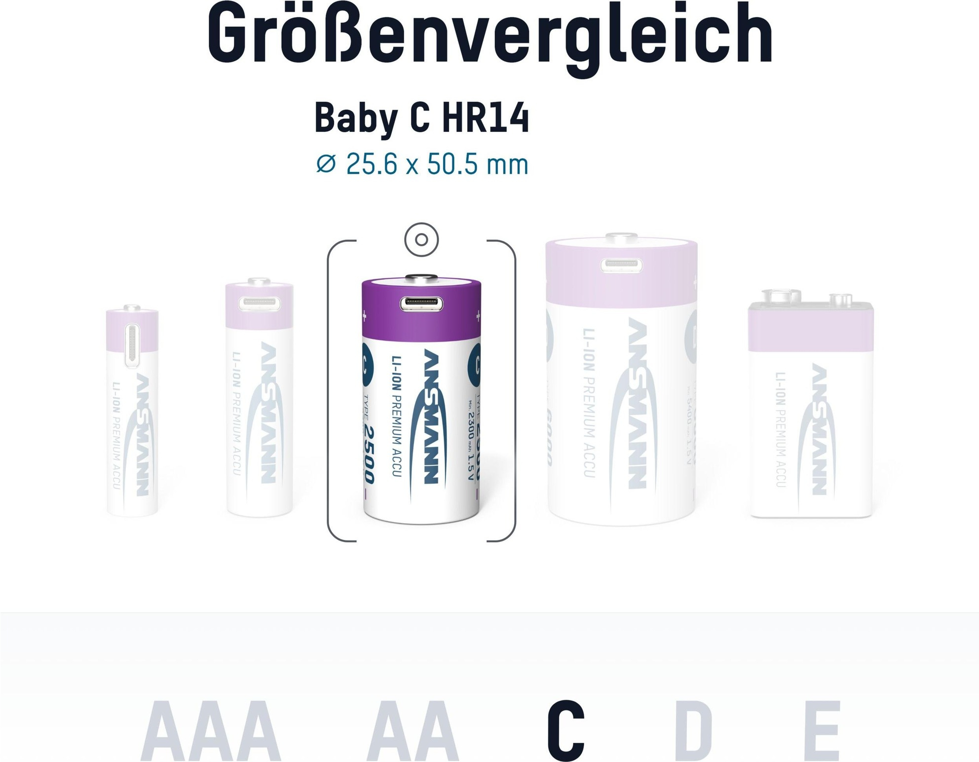 (2er Set) 2500mAh Wiederaufladbarer LR14 Lithium Ionen Akku USB C Baby Batterie (1313-0004)