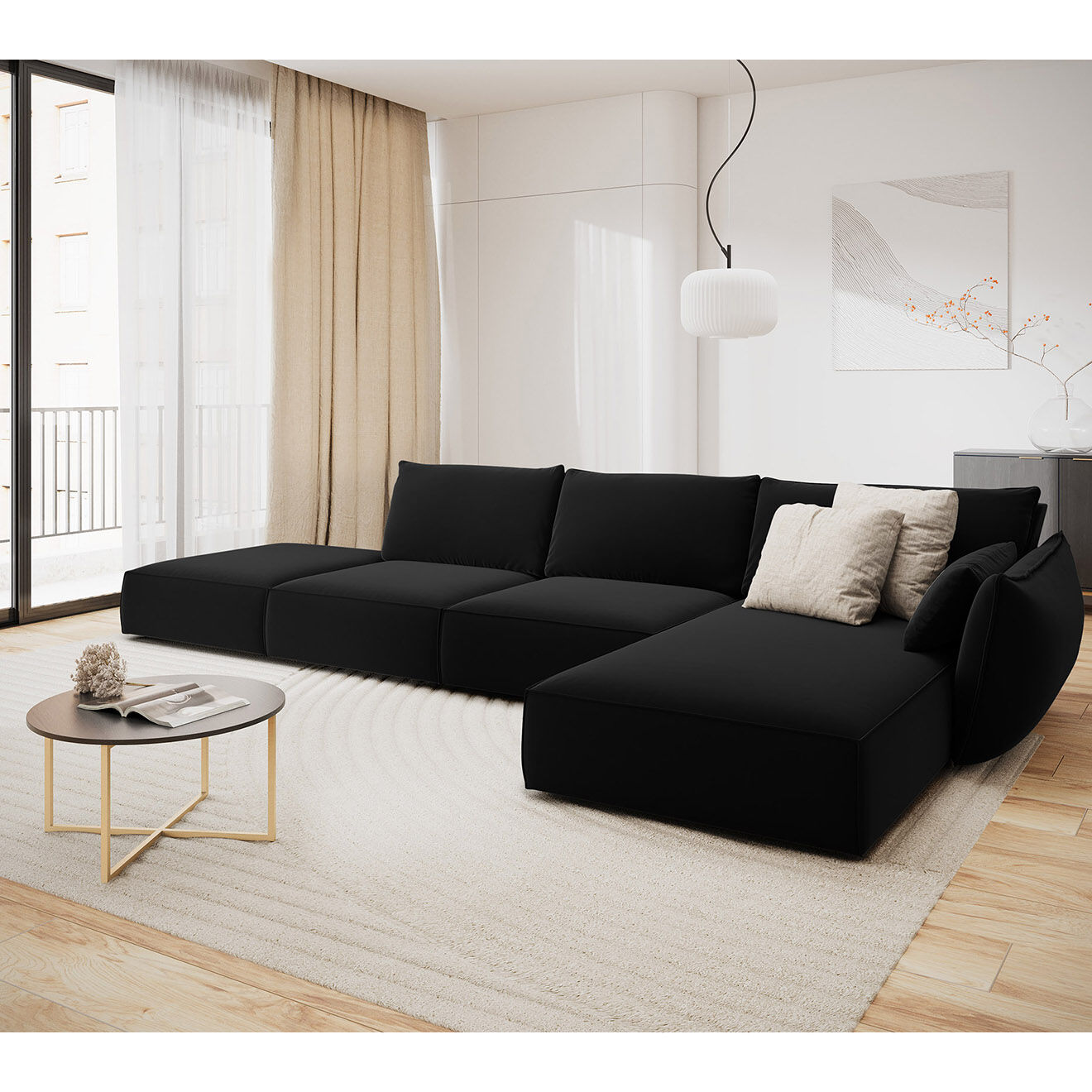 Mazzini Sofas Canapé d'angle droit Velours Vanda 5 Places noir - 386x166x85 cm