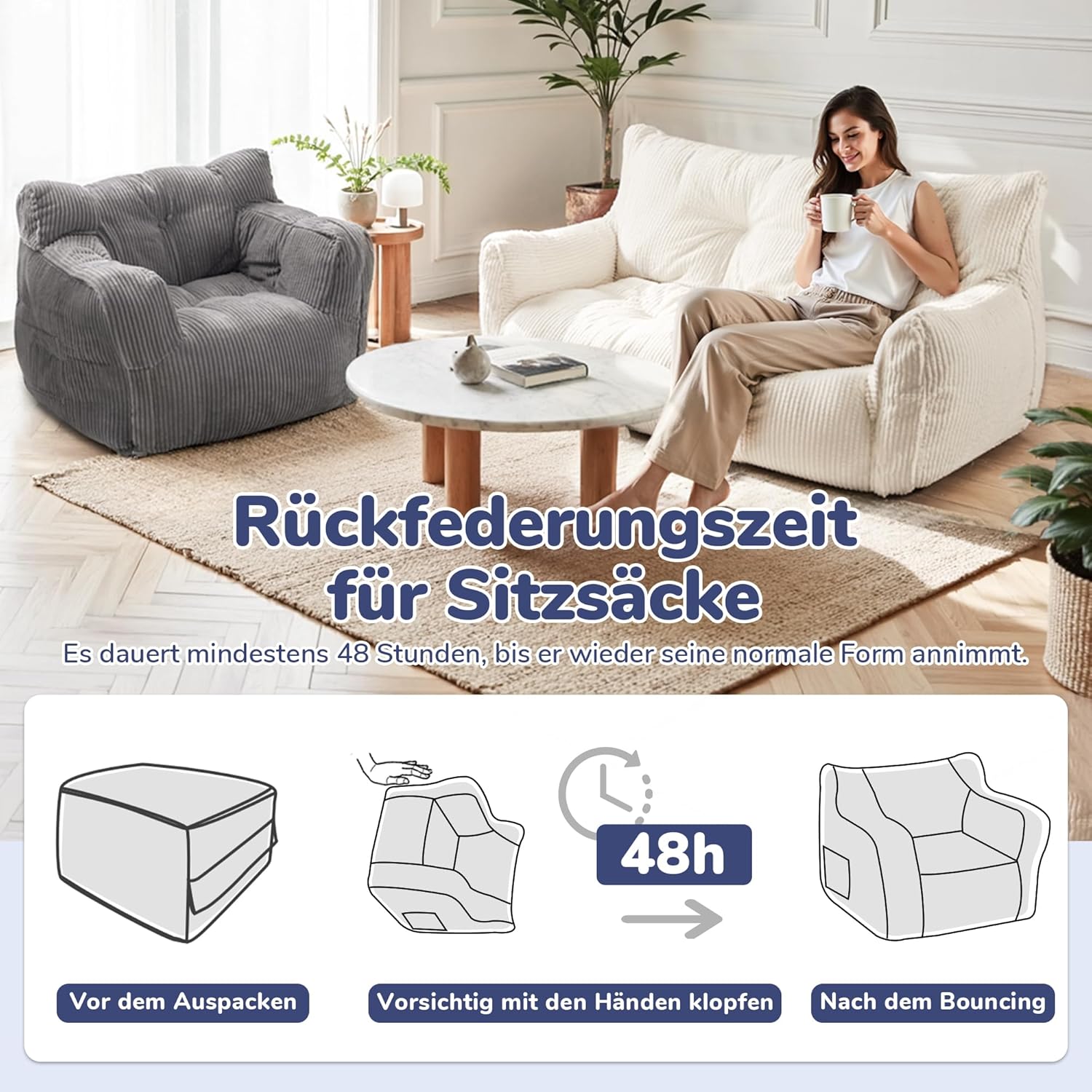 Pamapic Sitzsack, Sitzsack Erwachsene mit Füllung, Doppeltes Lounge Sessel mit Tragbarem Griff, Modernes Ergonomisches BeanBag, Indoor Sitzsäcke Stuhl für Wohnzimmer, Schlafzimmer, Spielzimmer, Beige