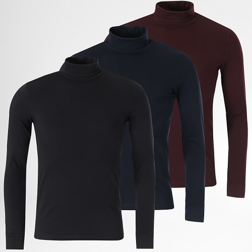 Lot De 3 Tee Shirt Col Roulé Manches Longues Uni 3053 Noir Marine Bordeaux