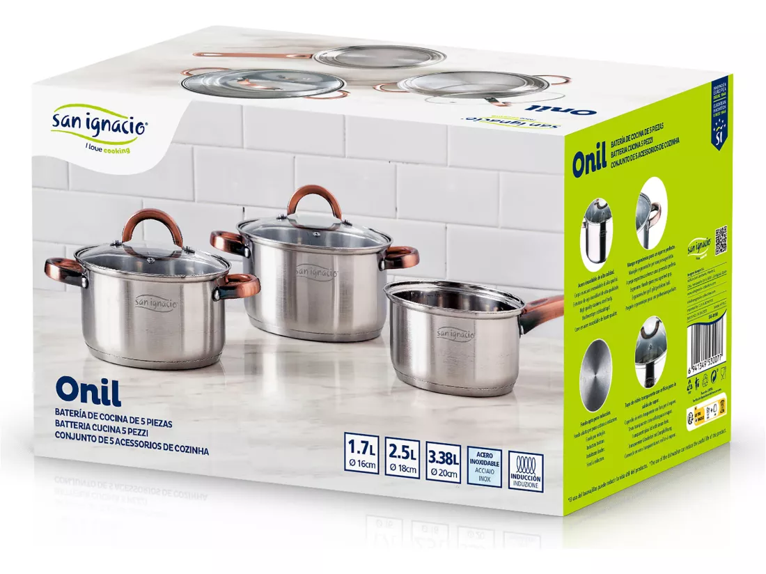 Batterie de cuisine en acier inoxydable 5 pièces, adaptée à l'induction, collection Onil