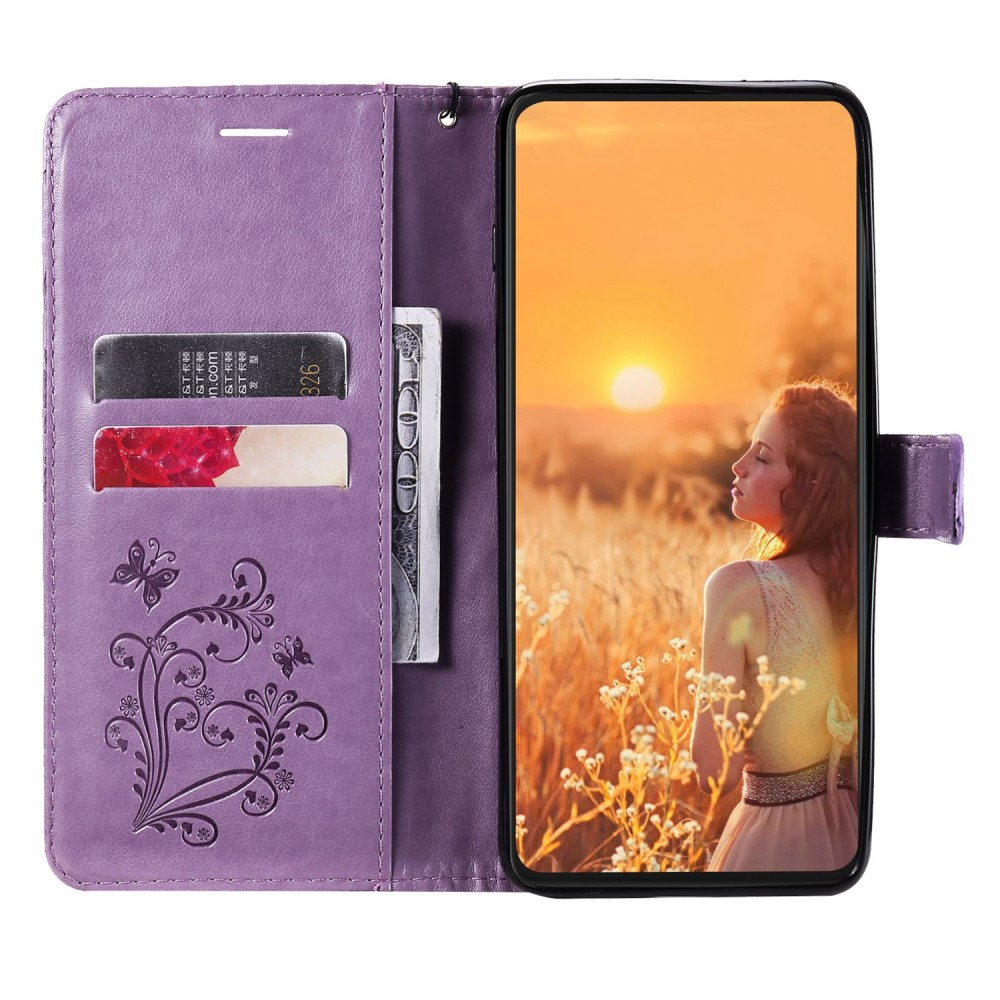 iPhone 14 Leder Tasche mit Kartenfach   Handschlaufe Schmetterling - Lila