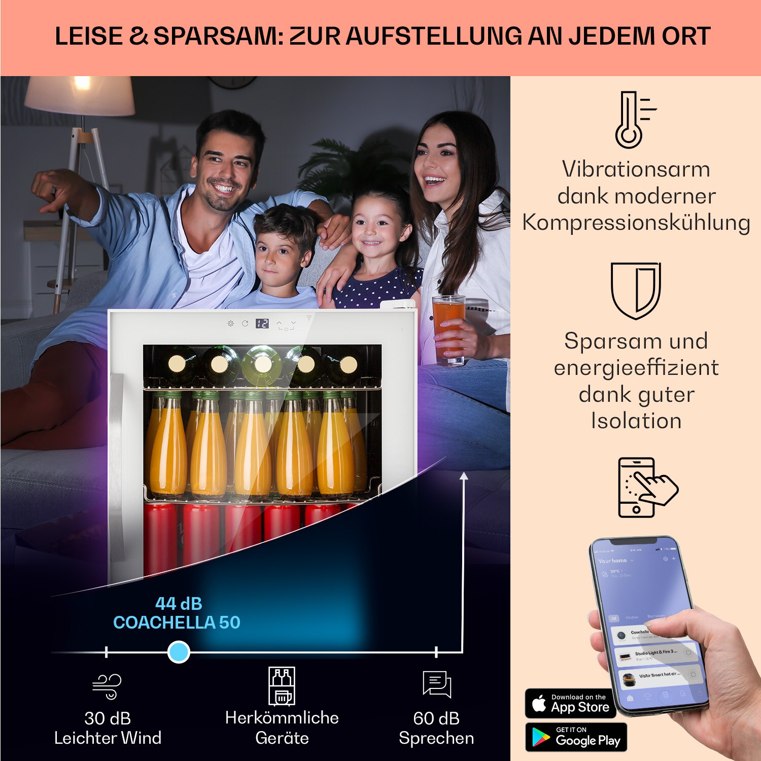 Coachella 50 Weinkühlschrank 47 Liter WiFi-Funktion Hintergrundbeleuchtung Edelstahl Weiß 50 Liter