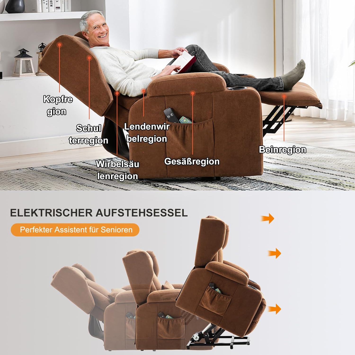 COMHOMA Elektrischer Relaxsessel, Wohnzimmer, Massage, TV, neigbar, Vibration, Stehfunktion, verstellbare Rückenlehne mit Fußstütze und Getränkehalter, brauner Stoff