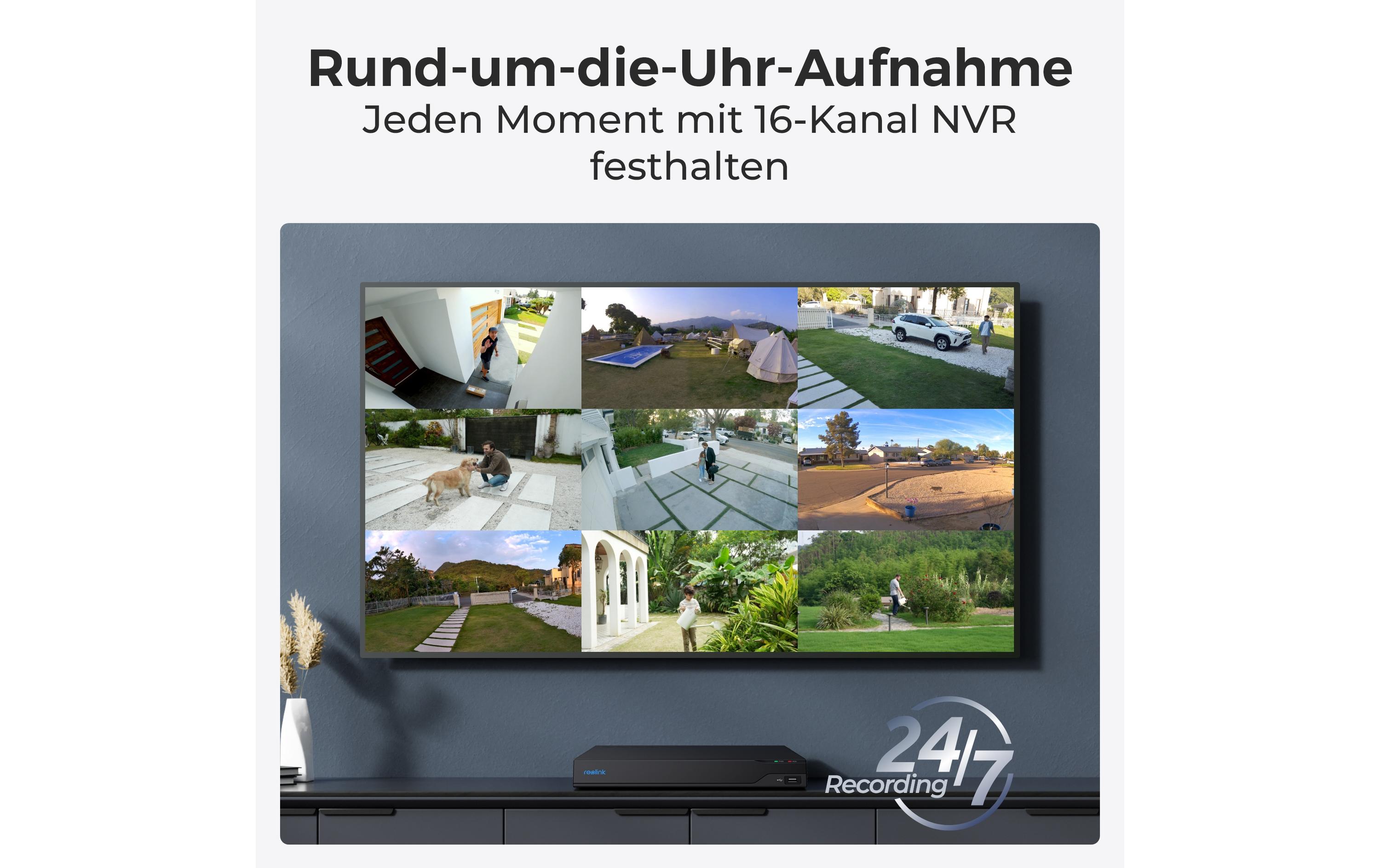 Überwachungsset NVS16-8MD8 4K PoE mit 8 Kameras<br>16-Kanal 4K Ultra HD Überwachungskamerasystem 24/7 inkl. 8x 8MP Dome Kameras mit hochauflösender Nachtsicht