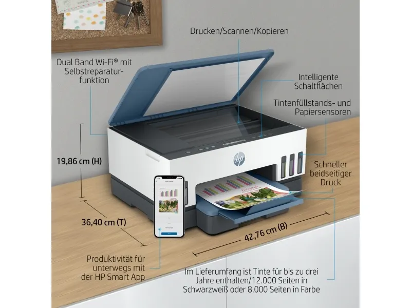 HP Smart Tank 7006 All-in-One - Multifunktionsprinter - farve - blækprinter - kan genopfyldes - 216 x 297 mm (original) - A4/Legal (medie) - op til 13 spm (kopiering) - op til 15 spm (udskriver) - 250 ark - USB 2.0, Wi-Fi(ac), Bluetooth