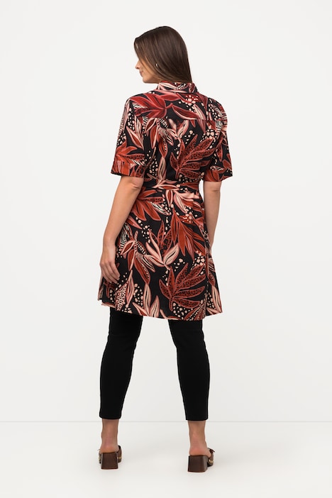 Longbluse, Blätter, Leinenmix, A-Linie, Halbarm