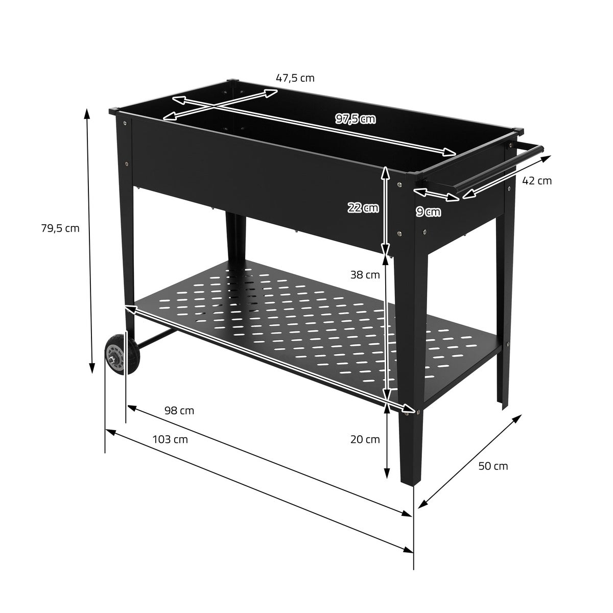 ML-Design Metalen verhoogde tuinbak, mobiel, 98x50x79,5 cm, zwart, mobiele plantenbak met plank, wielen en handvat, plantenbak voor tuin en balkon, tuinbak, groentebak, kruidenbak, bloembak, plantenbak