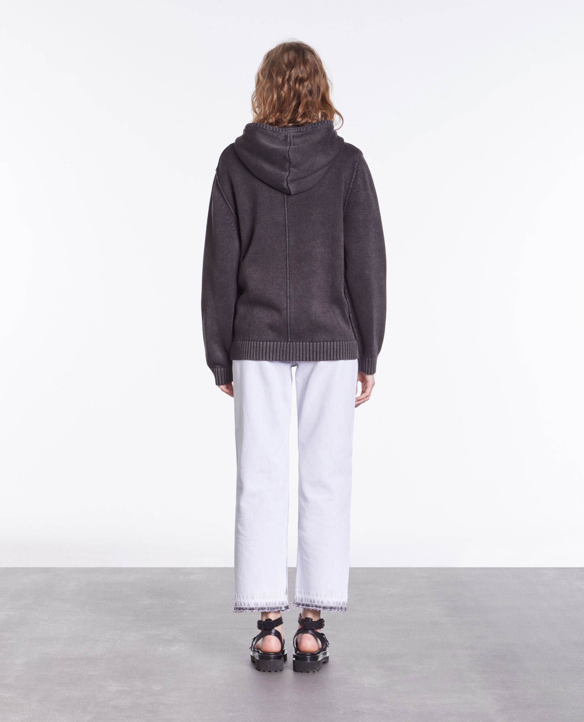 Pull noir à capuche en coton et laine