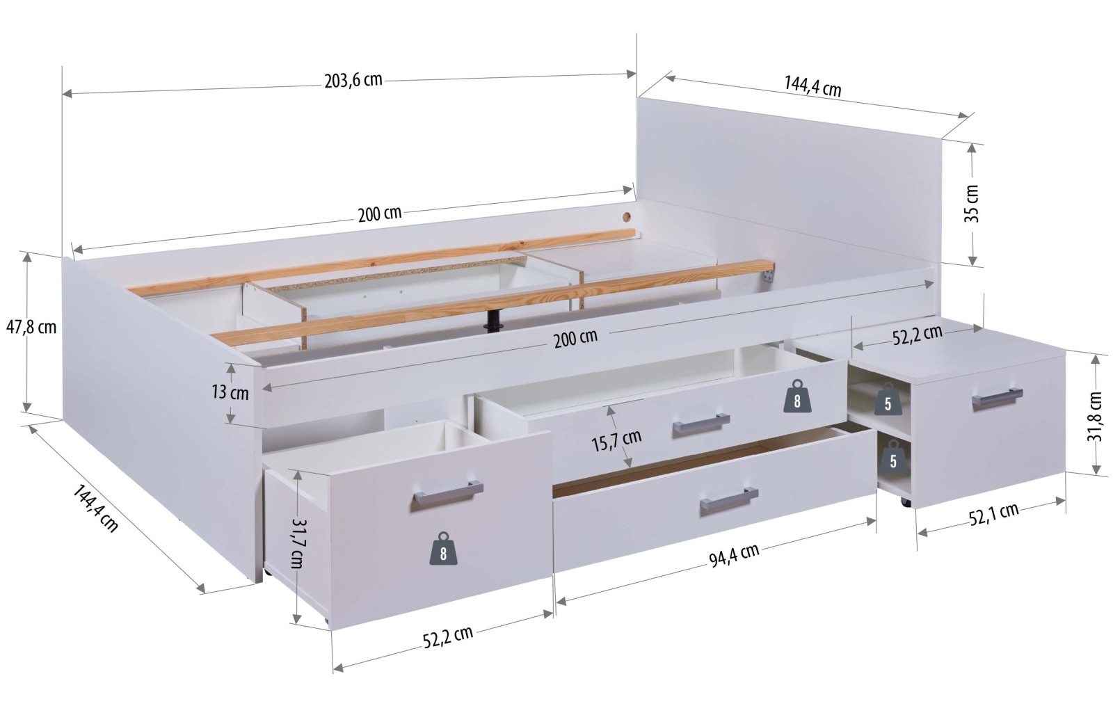 Funktionsbett RANYA - weiß - ausziehbare Nachtkommode - 140x200 cm