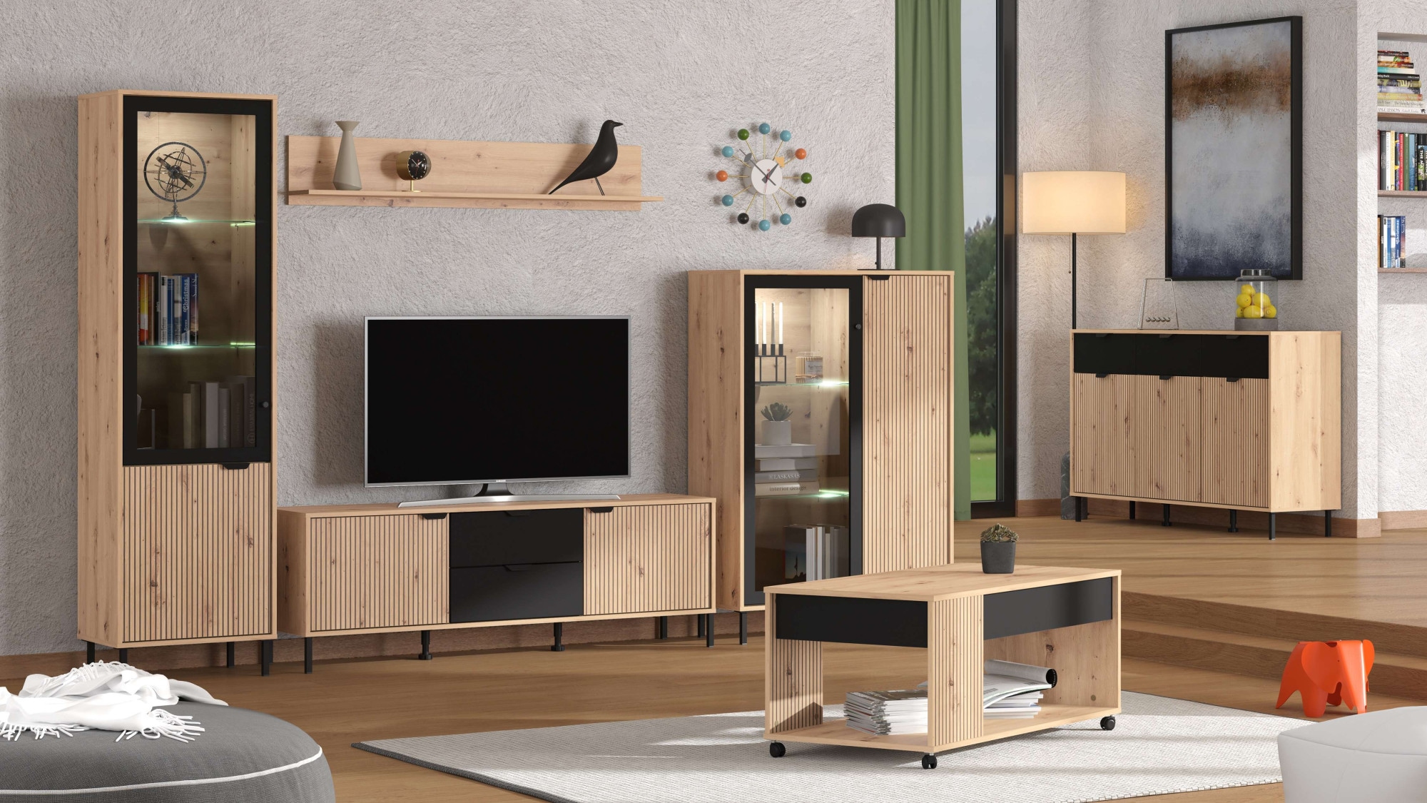 Home affaire Highboard »Mayenne Sideboard, Stauraumschrank, Anrichte, Hochschrank, Breite 93cm« Holztür mit Rillen-Optik, Glastür, Modernes Design