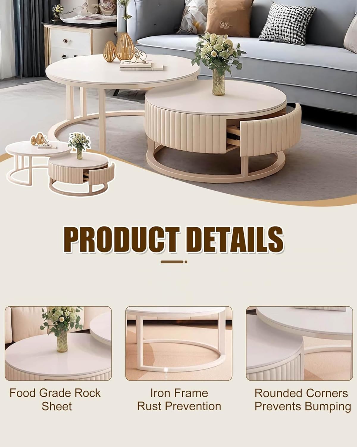 Runder Couchtisch 2er Set, Moderne Hochglanz Marmormuster Nested Satztische, Rund Kaffeetisch Beistelltisch Sofatisch Set Mit Schublade, Für Schlafzimmer Wohnzimmer