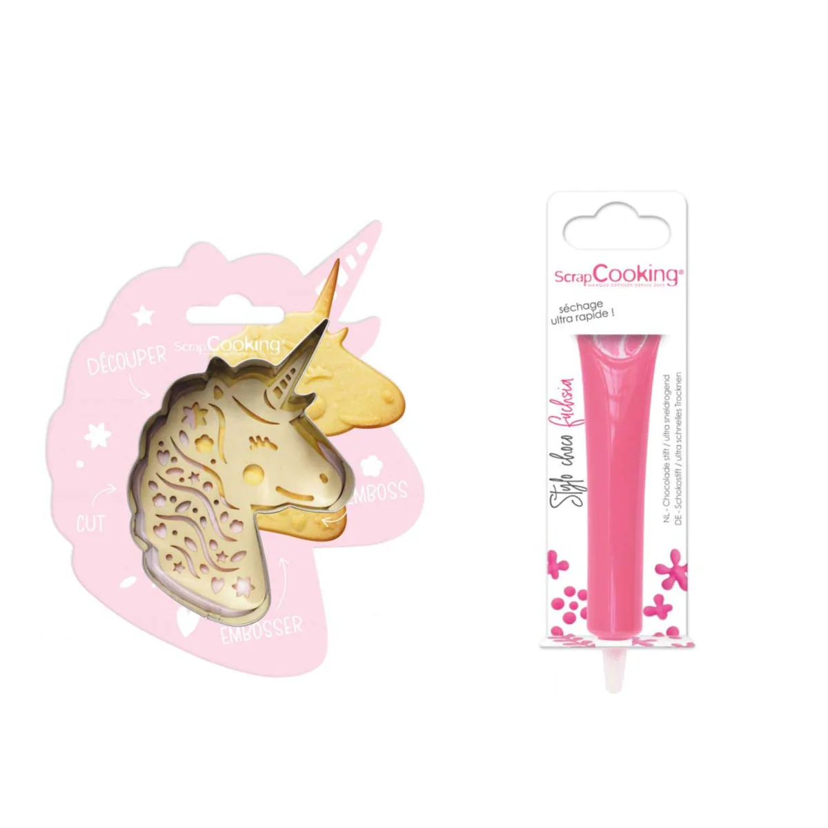 Kit pour biscuit en relief Licorne + Stylo au chocolat fuchsia Scrapco