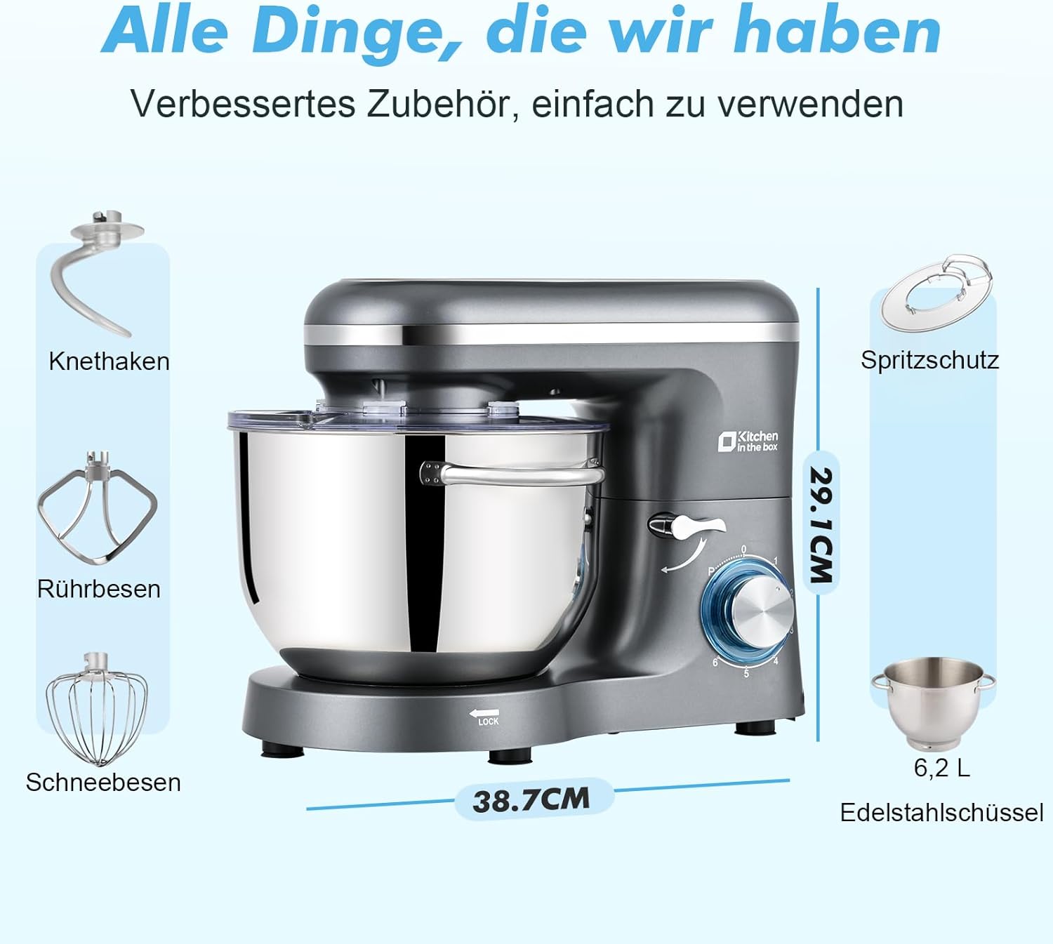 Kitchen in the box Küchenmaschine, 6,2 L Knetmaschine 1400 W, 6 Geschwindigkeits Teigmaschine mit Rührhaken, Knethaken, Schneebesen, Grau