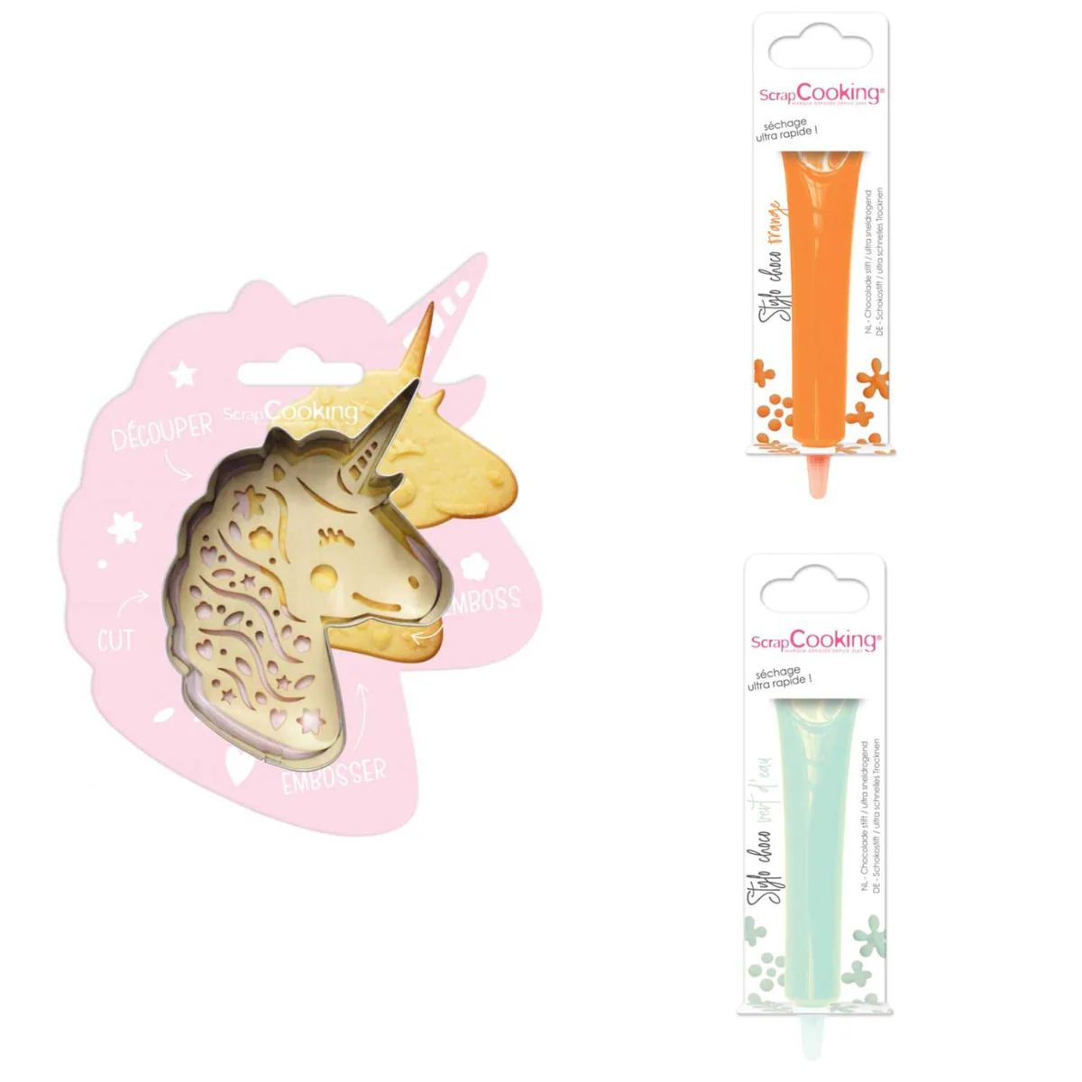 Kit pour biscuit en relief Licorne + 2 Stylos au chocolat orange et ve