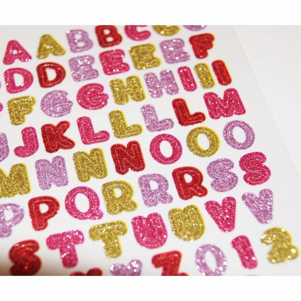69 autocollants - alphabet - tons roses - paillettes - 0,8 cm