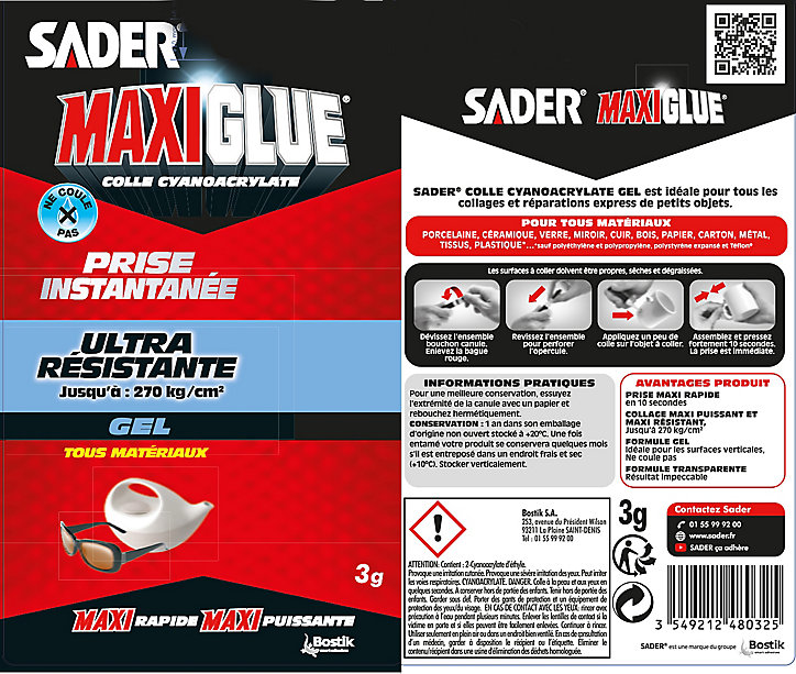 Colle de Réparation Sader Maxiglue Gel Tube 3 g