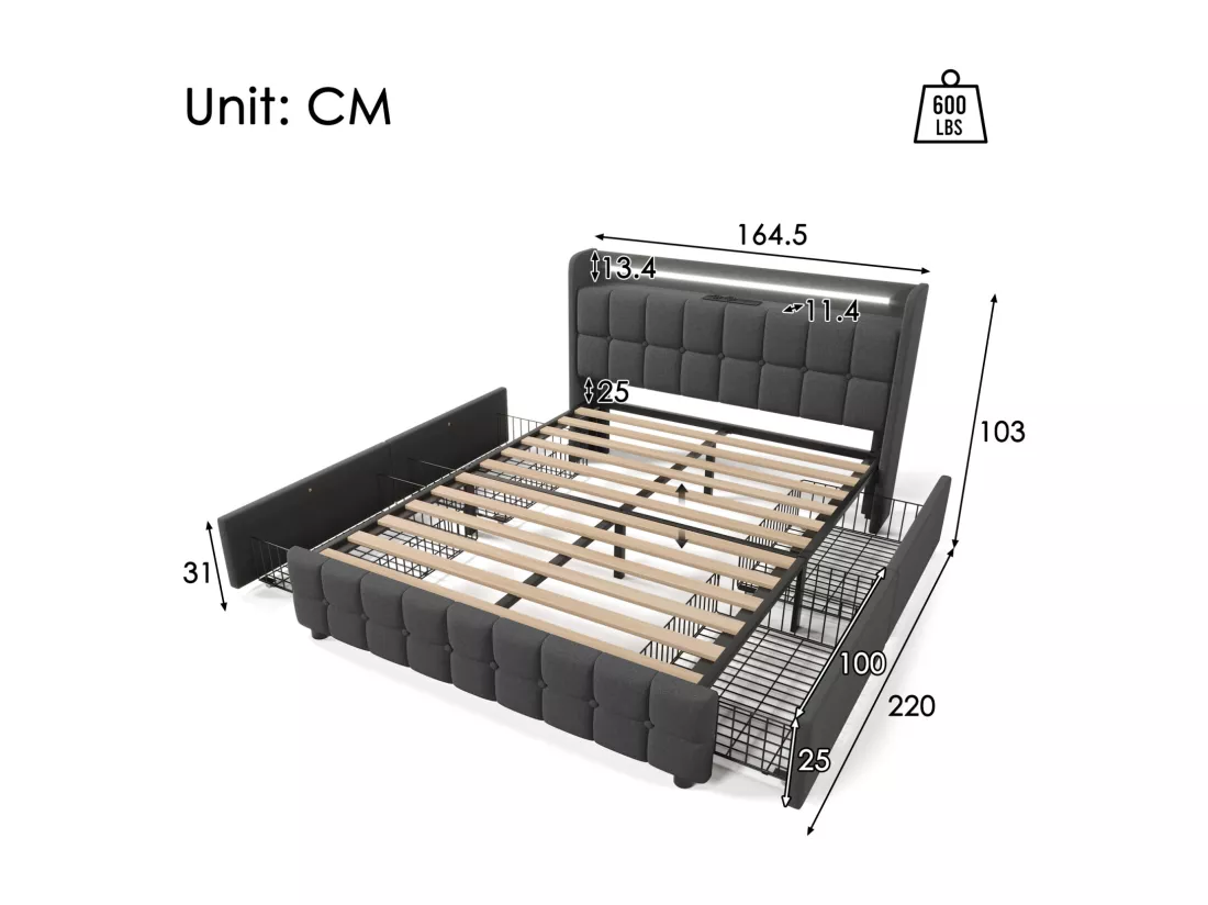 Lit 160x200cm avec tiroirs, Lit double capitonné avec rangement, éclairage LED, 2 chargeurs USB, lit adulte, sommier à lattes, gris