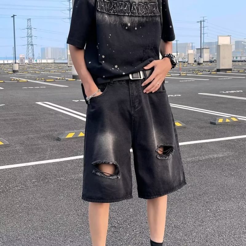 Kimeya - Mid Rise Washed Distressed Wide Leg Denim Shorts