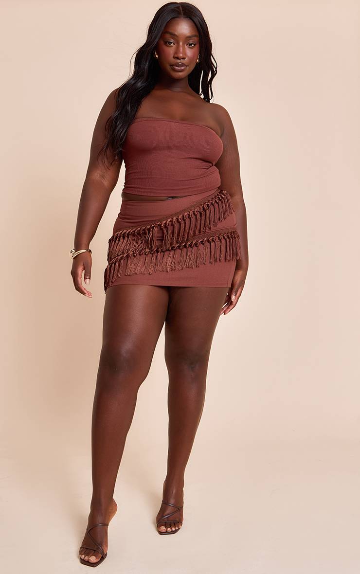 Chocolat Jupe Mini En Lin Avec Détails Pompons Grande Taille