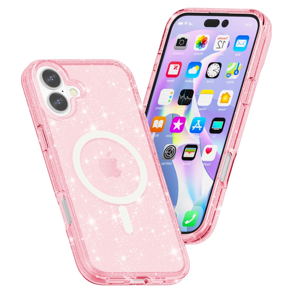 iPhone 16 MagSafe Hybrid Hardcase Schutzhülle im Glitzer Design - Pink / Transparent