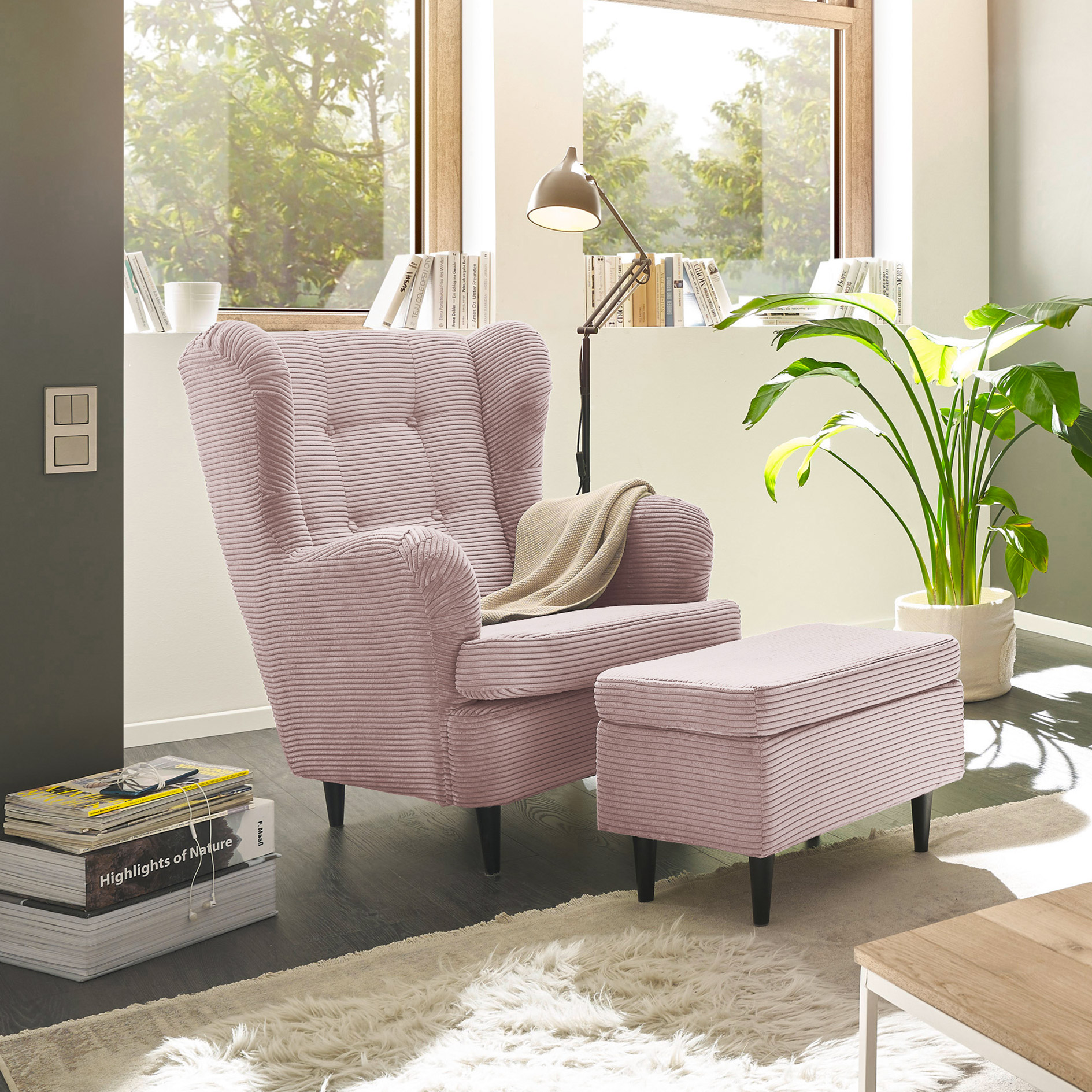 Hocker - flamingo - Cord - Massivholzfüße