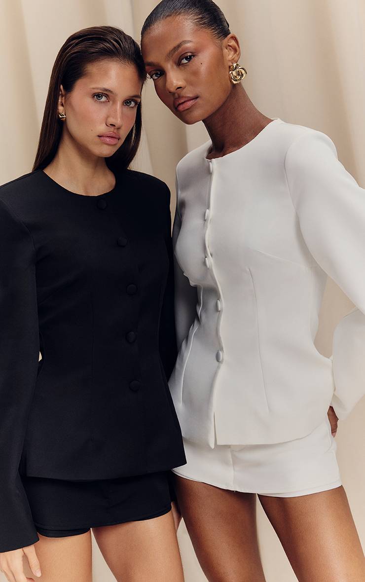 Noir Ensemble Blazer Cintré À Taille Froncée Et Manches Cocon Avec Boutonnage